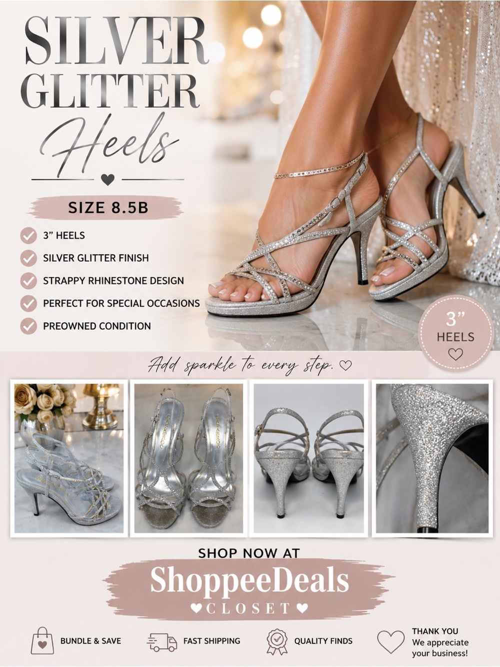 Caparros Silver Glitter Rhinestone Strappy Heels – Women’s Size 8.5B